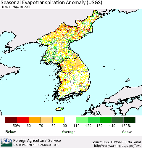 Korea Seasonal Actual Evapotranspiration Anomaly (USGS) Thematic Map For 4/1/2021 - 5/10/2021