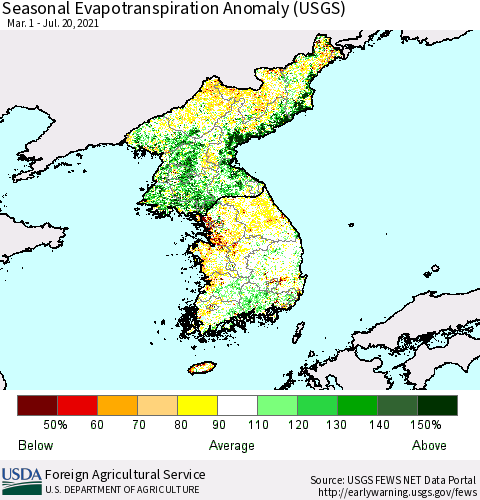 Korea Seasonal Actual Evapotranspiration Anomaly (USGS) Thematic Map For 4/1/2021 - 7/20/2021
