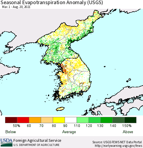 Korea Seasonal Actual Evapotranspiration Anomaly (USGS) Thematic Map For 4/1/2021 - 8/20/2021