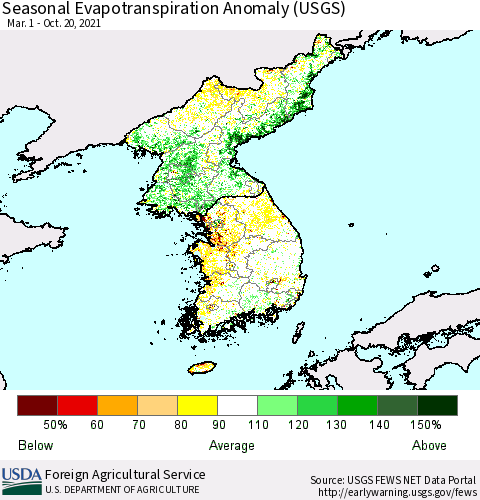 Korea Seasonal Actual Evapotranspiration Anomaly (USGS) Thematic Map For 4/1/2021 - 10/20/2021