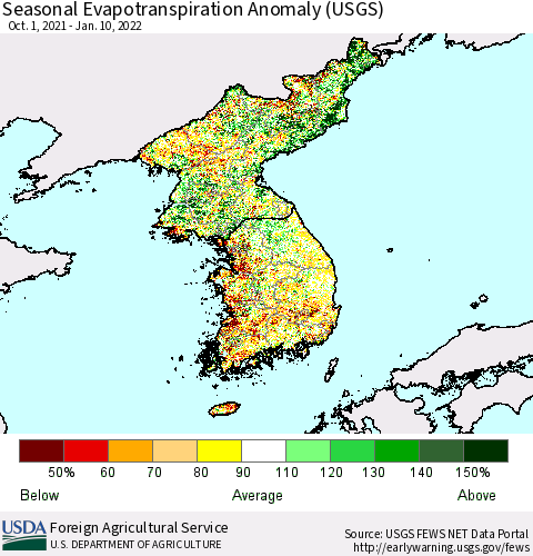 Korea Seasonal Actual Evapotranspiration Anomaly (USGS) Thematic Map For 9/1/2021 - 1/10/2022