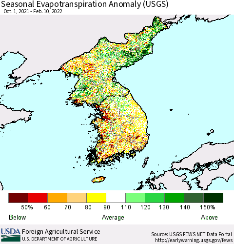 Korea Seasonal Actual Evapotranspiration Anomaly (USGS) Thematic Map For 9/1/2021 - 2/10/2022