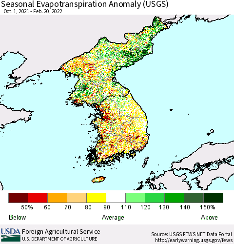 Korea Seasonal Actual Evapotranspiration Anomaly (USGS) Thematic Map For 9/1/2021 - 2/20/2022