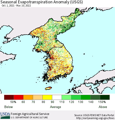 Korea Seasonal Actual Evapotranspiration Anomaly (USGS) Thematic Map For 9/1/2021 - 3/10/2022