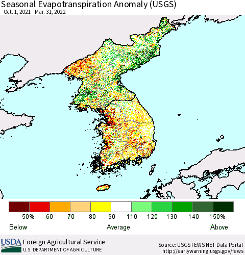 Korea Seasonal Actual Evapotranspiration Anomaly (USGS) Thematic Map For 9/1/2021 - 3/31/2022