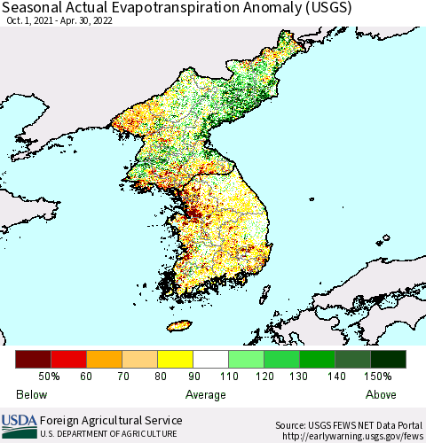 Korea Seasonal Actual Evapotranspiration Anomaly (USGS) Thematic Map For 9/1/2021 - 4/30/2022