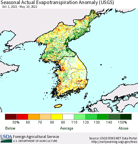 Korea Seasonal Actual Evapotranspiration Anomaly (USGS) Thematic Map For 9/1/2021 - 5/10/2022