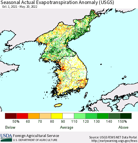 Korea Seasonal Actual Evapotranspiration Anomaly (USGS) Thematic Map For 9/1/2021 - 5/20/2022