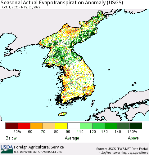 Korea Seasonal Actual Evapotranspiration Anomaly (USGS) Thematic Map For 9/1/2021 - 5/31/2022