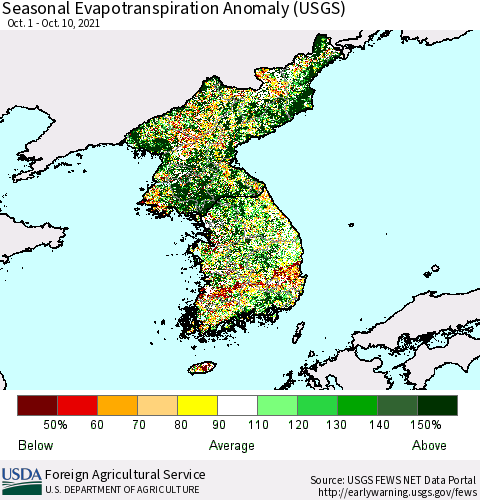Korea Seasonal Actual Evapotranspiration Anomaly (USGS) Thematic Map For 9/1/2021 - 10/10/2021
