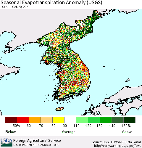 Korea Seasonal Actual Evapotranspiration Anomaly (USGS) Thematic Map For 9/1/2021 - 10/20/2021