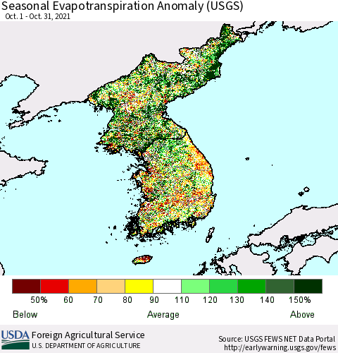 Korea Seasonal Actual Evapotranspiration Anomaly (USGS) Thematic Map For 9/1/2021 - 10/31/2021