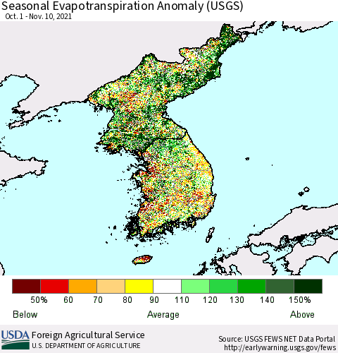 Korea Seasonal Actual Evapotranspiration Anomaly (USGS) Thematic Map For 9/1/2021 - 11/10/2021
