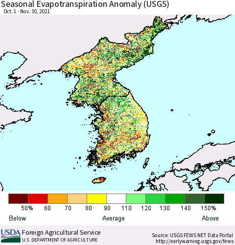 Korea Seasonal Actual Evapotranspiration Anomaly (USGS) Thematic Map For 9/1/2021 - 11/30/2021