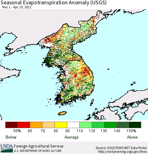 Korea Seasonal Actual Evapotranspiration Anomaly (USGS) Thematic Map For 4/1/2022 - 4/10/2022