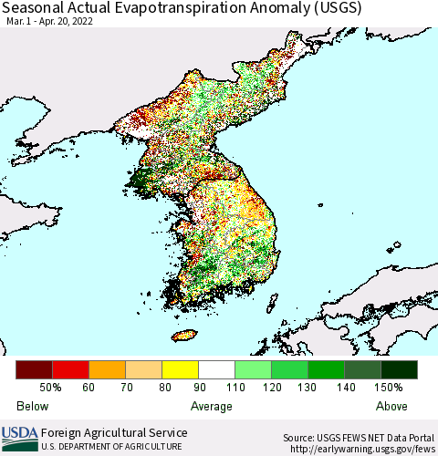 Korea Seasonal Actual Evapotranspiration Anomaly (USGS) Thematic Map For 4/1/2022 - 4/20/2022