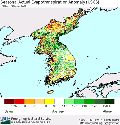Korea Seasonal Actual Evapotranspiration Anomaly (USGS) Thematic Map For 4/1/2022 - 5/10/2022