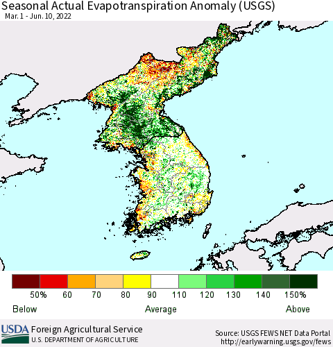 Korea Seasonal Actual Evapotranspiration Anomaly (USGS) Thematic Map For 4/1/2022 - 6/10/2022