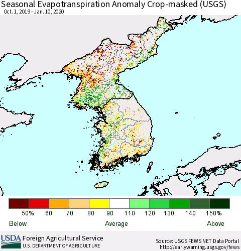 Korea Seasonal Actual Evapotranspiration Anomaly over Croplands (USGS) Thematic Map For 9/1/2019 - 1/10/2020