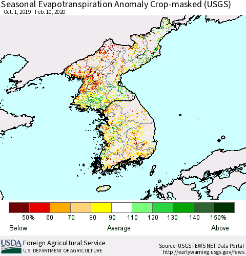 Korea Seasonal Actual Evapotranspiration Anomaly over Croplands (USGS) Thematic Map For 9/1/2019 - 2/10/2020