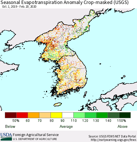 Korea Seasonal Actual Evapotranspiration Anomaly over Croplands (USGS) Thematic Map For 9/1/2019 - 2/20/2020