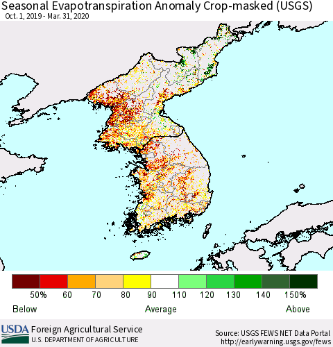Korea Seasonal Actual Evapotranspiration Anomaly over Croplands (USGS) Thematic Map For 9/1/2019 - 3/31/2020
