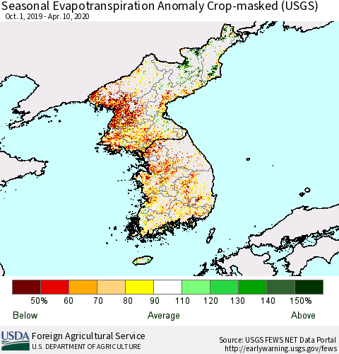 Korea Seasonal Actual Evapotranspiration Anomaly over Croplands (USGS) Thematic Map For 9/1/2019 - 4/10/2020
