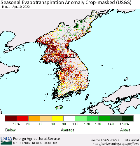 Korea Seasonal Actual Evapotranspiration Anomaly over Croplands (USGS) Thematic Map For 4/1/2020 - 4/10/2020