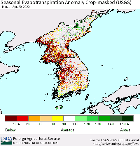 Korea Seasonal Actual Evapotranspiration Anomaly over Croplands (USGS) Thematic Map For 4/1/2020 - 4/20/2020