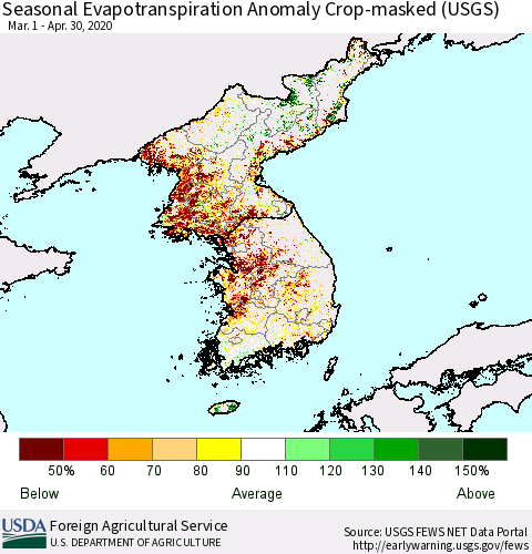 Korea Seasonal Actual Evapotranspiration Anomaly over Croplands (USGS) Thematic Map For 4/1/2020 - 4/30/2020