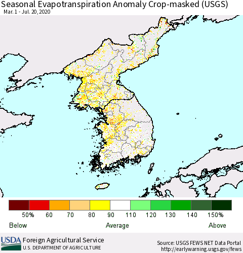 Korea Seasonal Actual Evapotranspiration Anomaly over Croplands (USGS) Thematic Map For 4/1/2020 - 7/20/2020