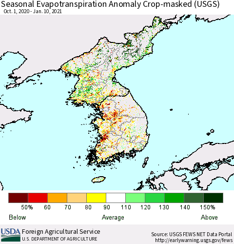 Korea Seasonal Actual Evapotranspiration Anomaly over Croplands (USGS) Thematic Map For 9/1/2020 - 1/10/2021
