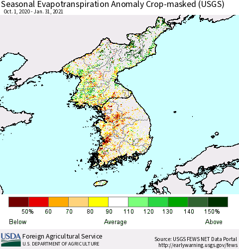 Korea Seasonal Actual Evapotranspiration Anomaly over Croplands (USGS) Thematic Map For 9/1/2020 - 1/31/2021