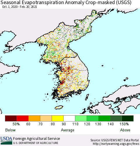Korea Seasonal Actual Evapotranspiration Anomaly over Croplands (USGS) Thematic Map For 9/1/2020 - 2/20/2021