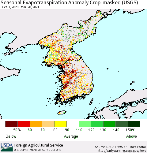 Korea Seasonal Actual Evapotranspiration Anomaly over Croplands (USGS) Thematic Map For 9/1/2020 - 3/20/2021