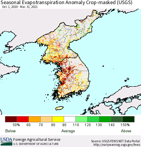 Korea Seasonal Actual Evapotranspiration Anomaly over Croplands (USGS) Thematic Map For 9/1/2020 - 3/31/2021