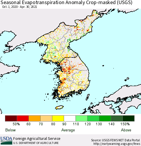 Korea Seasonal Actual Evapotranspiration Anomaly over Croplands (USGS) Thematic Map For 9/1/2020 - 4/30/2021