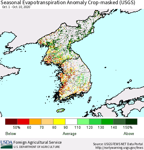 Korea Seasonal Actual Evapotranspiration Anomaly over Croplands (USGS) Thematic Map For 9/1/2020 - 10/10/2020