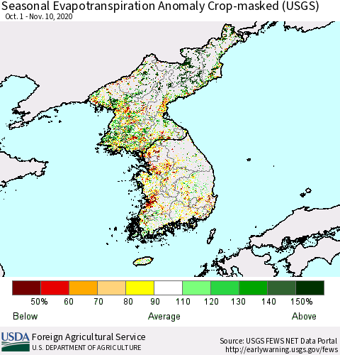Korea Seasonal Actual Evapotranspiration Anomaly over Croplands (USGS) Thematic Map For 9/1/2020 - 11/10/2020