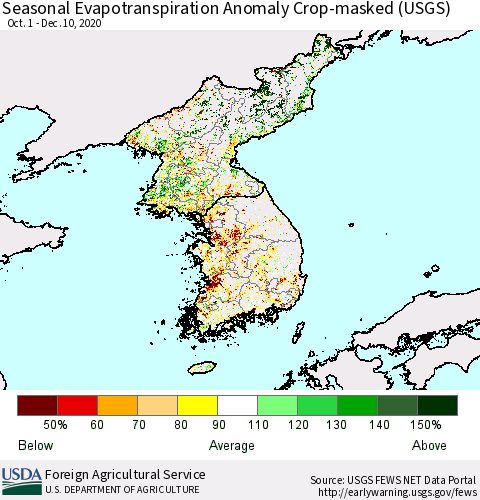 Korea Seasonal Actual Evapotranspiration Anomaly over Croplands (USGS) Thematic Map For 9/1/2020 - 12/10/2020