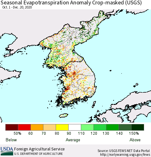 Korea Seasonal Actual Evapotranspiration Anomaly over Croplands (USGS) Thematic Map For 9/1/2020 - 12/20/2020