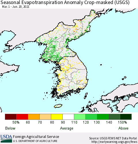 Korea Seasonal Actual Evapotranspiration Anomaly over Croplands (USGS) Thematic Map For 4/1/2021 - 6/20/2021