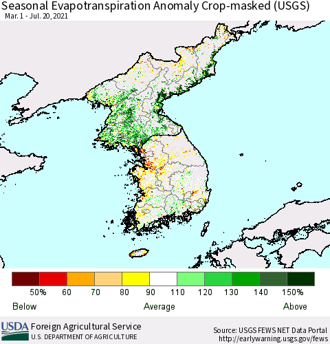 Korea Seasonal Actual Evapotranspiration Anomaly over Croplands (USGS) Thematic Map For 4/1/2021 - 7/20/2021