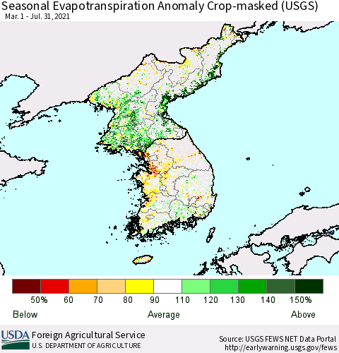 Korea Seasonal Actual Evapotranspiration Anomaly over Croplands (USGS) Thematic Map For 4/1/2021 - 7/31/2021