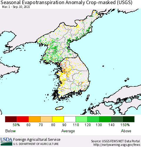Korea Seasonal Actual Evapotranspiration Anomaly over Croplands (USGS) Thematic Map For 4/1/2021 - 9/10/2021