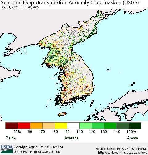 Korea Seasonal Actual Evapotranspiration Anomaly over Croplands (USGS) Thematic Map For 9/1/2021 - 1/20/2022