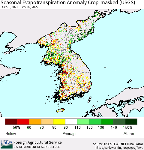Korea Seasonal Actual Evapotranspiration Anomaly over Croplands (USGS) Thematic Map For 9/1/2021 - 2/10/2022