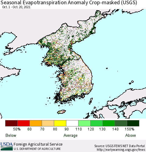 Korea Seasonal Actual Evapotranspiration Anomaly over Croplands (USGS) Thematic Map For 9/1/2021 - 10/20/2021