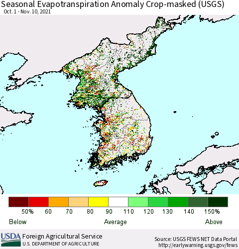 Korea Seasonal Actual Evapotranspiration Anomaly over Croplands (USGS) Thematic Map For 9/1/2021 - 11/10/2021