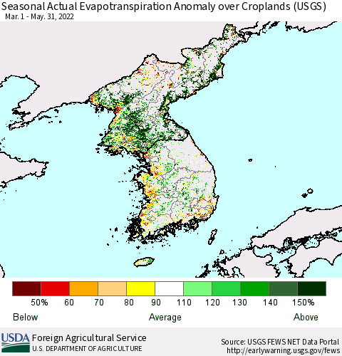 Korea Seasonal Actual Evapotranspiration Anomaly over Croplands (USGS) Thematic Map For 4/1/2022 - 5/31/2022